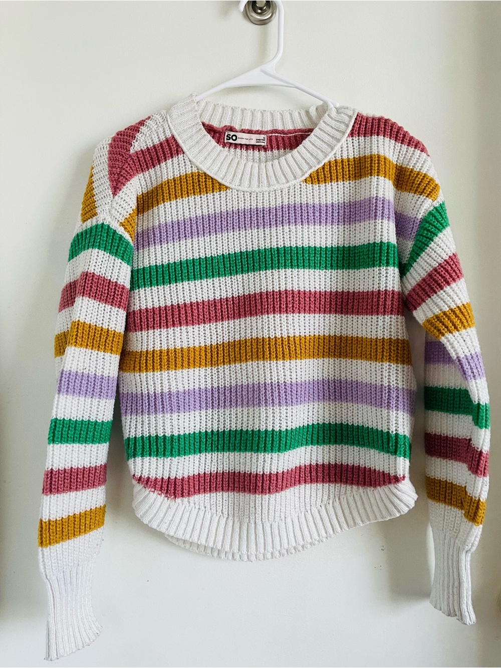 SO White Crewneck Sweater with Green, Pink, Gold & Lavender Stripes